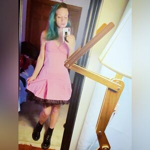 Tripp NYC Vintage Y2K Lt Pink Halter Dress~w/Black Skull Trim